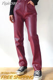Yipinpay Faux Leather Straight-Leg Pants Fall Winter Fashion Women High Waist Button Up Trousers Solid Color PU Pants Streetwear