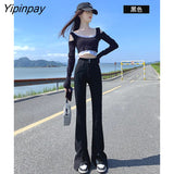 Yipinpay High Waist Vintage Elastic Split Jean Femme Casual Slim Autumn Winter Denim Flare Pants Brown Women Jeans