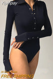 Yipinpay Mo Button Long Sleeve Bodysuit For Women Turndown Collar Skinny Body Suit Sexy Black Fashion Streetwear Female Bodysuits