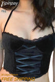 Yipinpay Women Sleeveless Camisole with Adjustable Bandage Lace Backless Sexy Mesh Perspective Summer Clothing Club Wear