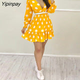 Yipinpay Women V-Neck Plunge Polka Dots Shirring Design Ruched Ruffles Casual Dresss Summer Dress Mini Elegant Dress