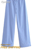 Yipinpay TRAF Fashion Striped Women's Pants 2023 Summer Wide Leg Pants Women Casual Loose Trousers Ladies Low Waist Lace Up Pant