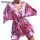 Yipinpay Summer Women Floral Printed Dresses 2023 Elegant V-neck Elastic Waist Mini Dress A-line Batwing Sleeve Party Vestidos