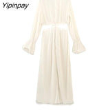 Yipinpay Elegant Women Solid Hollow Out Dress 2023 Summer Fashion Flare Sleeve Mid-Calf Dresses Casual Beach Style A-line Vestidos
