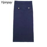 Yipinpay Women Solid Knitted Sets Single Breasted Tops+Mid-Calf Sheath Skirts Sets 2023 Elegant Long Sleeve Casual Sweater