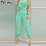 Yipinpay Plain Sleeveless Pocket Design Backless Jumpsuit with Belt Casual Look for Women 2023