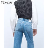 Yipinpay New Women Blouses Shirts 2023 Spring Autumn Casual Single Breasted Spliced Tops Vintage Long Sleeve T-Shirts