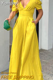 Yipinpay High Waist Loose Solid Color Summer Short Sleeve Slim Fit Splicing Casual Jumpsuit