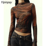 Yipinpay Women Tulle Printed Blouses Shirt 2023 Spring Autumn Causal Long Sleeve Thin Tops Pullover Half High Collar Short T-Shirts