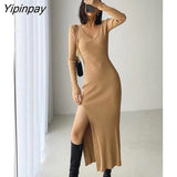 Yipinpay Black Long Sleeve Split Female Knitted Dress Autumn Winter Elegant V-neck Slim Midi-calf Bodycom Dress Women Vestidos