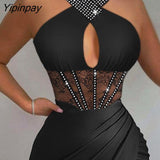 Yipinpay Women Solid Elegant Halter Rhinestone Bright Line Decoration Criss Cross Lace Patch Keyhole Bodycon Party Sexy Dress