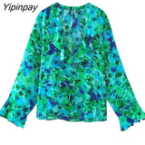 Yipinpay 2023 Summer Women Printed Blouses Shirt 2023 Thin Female Ruffles V-neck Long Sleeve Tops Single Breasted T-Shirts