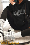 Yipinpay Hoodies Women Vintage 2023 Letter Print Hooded Shirt Long Sleeve Loose Pullover Streetwear Winter Oversized Sweatshirt Tops