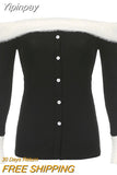 Yipinpay Winter Slim Vintage Black Tops Office Lady Long Sleeve Casual Pullover Elegant Korean Fashion Clothing Woman Button Design