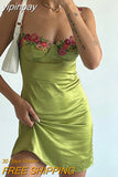 yipinpay Sexy Holiday Party Women Satin Green Mini Wrap Night Club Dress Y2K Floral 2023 Casual Beach Backless Strap V Neck Dress