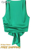 Yipinpay Black Crop Top Women Satin Backless Top Female Y2k Streetwear Sexy Tops Woman Fashion Tied Sleeveless Tank Tops For Women