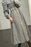 Yipinpay Houndstooth Long Sleeve Pockets O-Neck Single Button Korea Loose Fit Vintage Winter Mid-Calf Dress