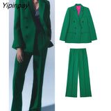 Yipinpay New Women Blazer Suit Sets 2023 Autumn Winter Double Breasted Office Outfits Jacket+Zipper Flare Trousers Outwear