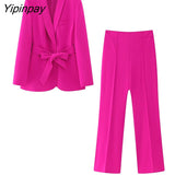 Yipinpay Women 2023 Elegant Blazer Suits Sets Fashion Long Sleeve Jacket With Belt Solid High Waisted Baggy Wide Leg Pants