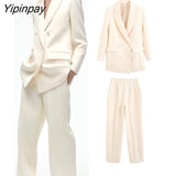 Yipinpay Newest Spring Autumn Women Blazer Jacket Pant Sets 2023 Office Double Breasted Suit Pockets Wide Leg Trousers