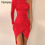 Yipinpay Women Glitter Glamorous One Shoulder Asymmetrical High Silt Bodycon Midi Sexy Formal Party Red Dress