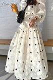 Yipinpay Polka Dot Long Sleeve Maxi Dress A-line Spring 2023 Summer Off White Robe Vintage Korean Women Elegant Vestido De Mujer