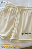 Yipinpay Women Summer Short Pants Embroidery Letters Drawstrings Elastic Waistband High Waist Shorts Ladies Short Tight Trousers