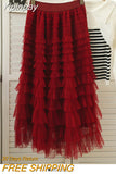 Yipinpay Style Knee Length Skirt For Women 2023 Y2k Elastic Band Fairy Long Skirts Female For Dinner Maxi Tulle Skirt Pink Coffee