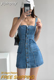 yipinpay Women Denim Dress Summer New Sexy Straps Skinny Short Skirt Blue Korean Fashion Classic Streetwear One Word Collar Jean Dress