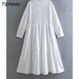 Yipinpay Elegant Women Hollow Out Mid-Calf Dresses Fashion Embroidery Long Sleeve Dresses Solid Single Breasted A-line Vestidos