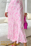 Yipinpay Elegant Women Zebra Printing Skirts Women Pink High Waist A-Line Skrits Office Ladies Satin Flowing Midi Skirts 2023