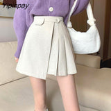 Yipinpay Autumn Winter Apricot Woolen Skirt Women High Waist Pleated Skirt