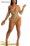 Yipinpay Women Sexy Sequined Hem Feather Bodysuits Spice Girls Off Shoulder Long Sleeve Skinny Playsuit 2023 Hot Club Party Dresswear