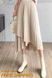 Yipinpay Women's Midi Pleated Skirt Asymmetrical Slim Elastic Waist Vintage Korean A-line Skirts 2023 Fashion Black Chic Skirt