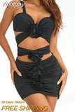 Yipinpay Flower Decor Bodycon Dress Set Women Sexy Suspender Cutout Crop Tank Tops+Ruched Mini Skirts Party Clubwear Suit