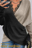 Yipinpay and Autumn Sexy Ladies Casual Women Colorblock Contrast Lace V-Neck Wrap Sweater Long Sleeve Knit V-Neck New 2023