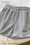 Yipinpay Women Summer Short Pants Embroidery Letters Drawstrings Elastic Waistband High Waist Shorts Ladies Short Tight Trousers
