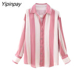 Yipinpay 2023 New Women Thin Striped Blouses Shirt Summer Causal Turn-Down Collar Tops Vintage Single Breasted Loose T-Shirts