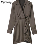 Yipinpay Elegant Women Solid Mini Dresses 2023 Spring Autumn Fashion Turn Down Collar Causal Dress A-line Long Sleeve Vestidos