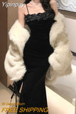 Yipinpay Black Velvet Floral Long Dress Women Vintage Spaghetti Strap Sleeveless Dress Fashion Casual Sexy Evening Party Dress New