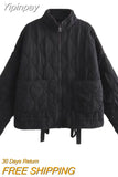 Yipinpay TRAF Quilted Coats for Women 2023 Winter Stand Collar Jackets Coat Female Chic Big Pockets Casual Jacket Warm Outerwear