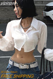yipinpay Blouse Hollow Out Crop Top Y2K Clothes Long Sleeve Top Autumn Spring Solid Turn Down Collar Streetwear Button Up Shirt