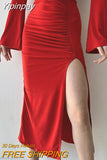 Yipinpay Women Ruched Long Skirt Adults Slim-Fit High Waisted Solid Color Slit Skirt Red Black Club Street Style Fashion Hot S M L
