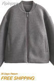 Yipinpay TRAF Woman Bomber Jackets for Women 2023 Autumn Stand Collar Coats Female Front Zipper with Pockets Ladies New Outerwear