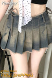 Yipinpay Grunge Y2k Denim Skirt Pleated Women Vintage Acubi Fashion Irregular Low Waist Bandage A-line Sexy Mini Skirt Streetwear