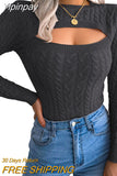 Yipinpay Winter Cutout Knit Sweaters Clothes for Women 2023 2023 Vintage Long Sleeve Cable Knit Round Neck Slim Cropped Sweaters
