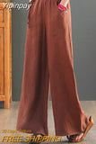 Yipinpay Summer New Chinese Cotton Linen Women's Pants Casual Loose Straight Pants Literary Vintage Thin Silk Hemp Wide Leg Pants