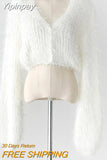 Yipinpay Autumn Sweet Sexy V Neck Mohair Pink Knitted Sweater Crop Long Sleeve Cardigan Temperament Elegant All-match Solid