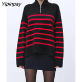 Yipinpay Women Fashion Zipper Collar Sweater 2023 Winter Thicken Striped Loose Knitting Sweater Vintage Long Sleeve Female Pullover