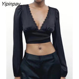 Yipinpay Women Solid Backless Lace Blouses Shirt 2023 Spring Autumn Causal Long Sleeved Thin Tops Pullover Deep V-neck T-Shirts